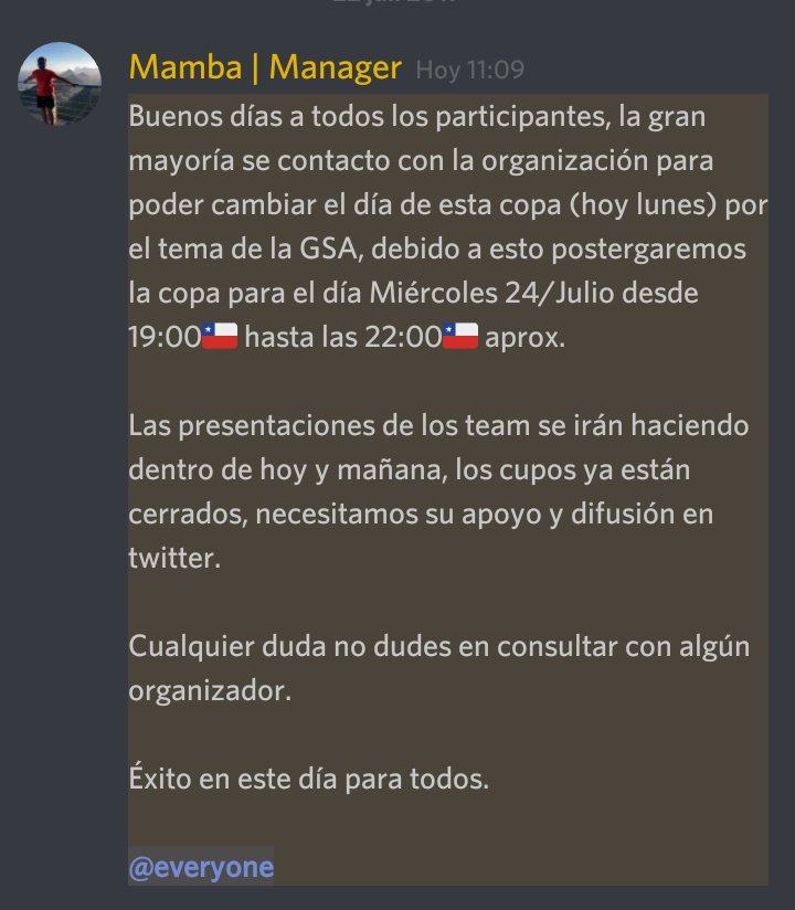 #Anuncio
¡Buenas Tardes!
Recordamos a los participantes de la ScrimsCup que la competencia ha sido postergada.