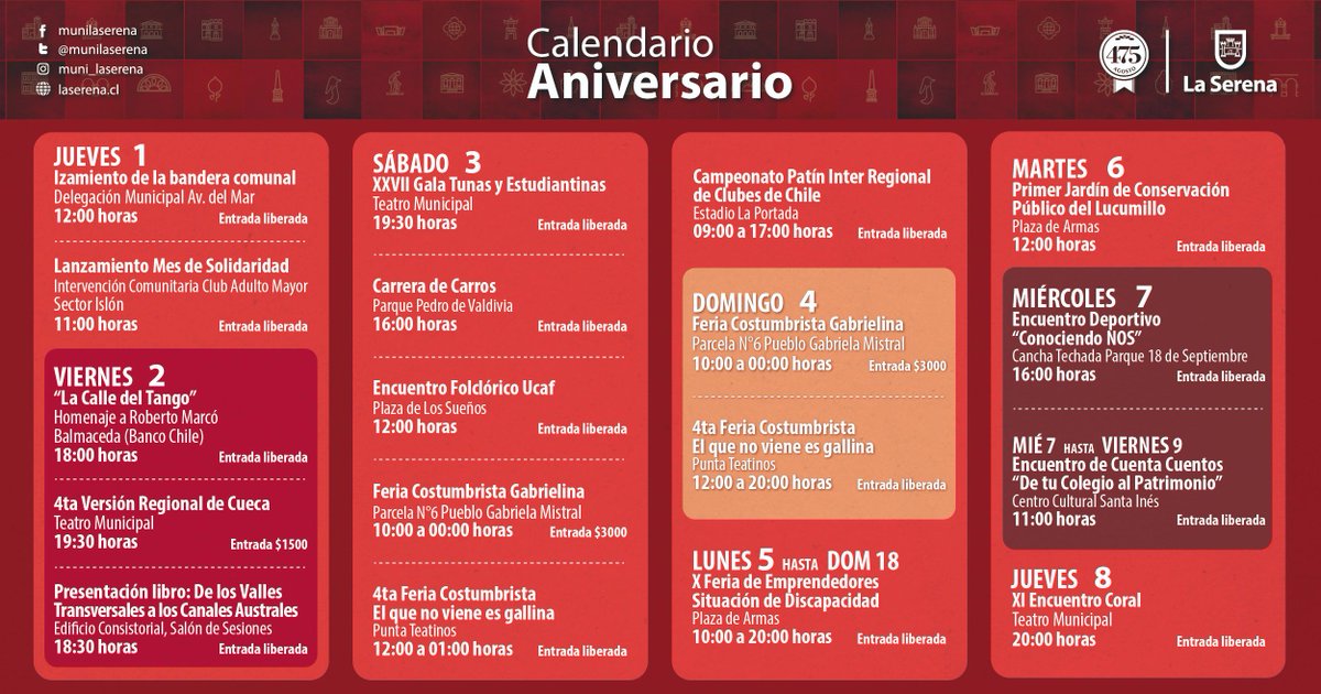 munilaserena's tweet photo. En agosto, La Serena cumple 475 años y tenemos diversas actividades y panoramas para toda la familia. Comparte y difunde nuestro programa aniversario! #LaSerena475 https://t.co/ewTvcKGCSn