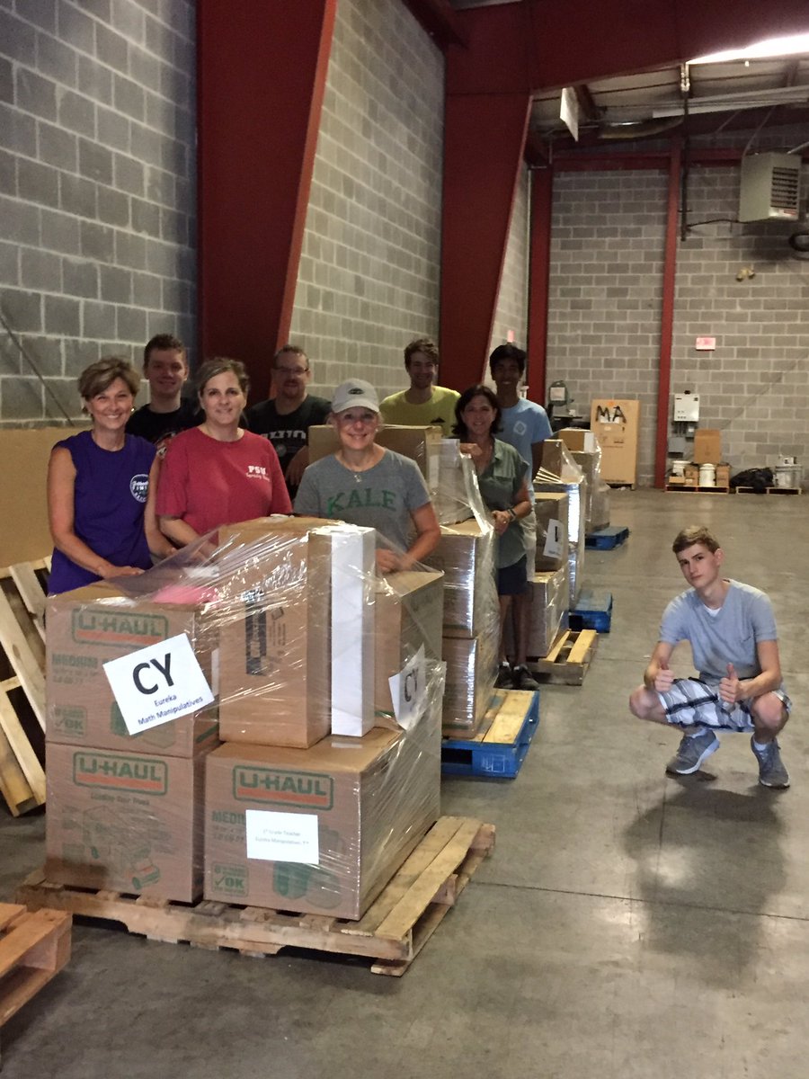 KingMama14's tweet photo. Mission Accomplished!!!  All Eureka Math Manipulatives have been delivered to the elementary schools.  Big thanks to the summer textbook crew for their hard work, the Support Center for allowing us to take over the warehouse for a month and the drivers who delivered the pallets. https://t.co/YE1nN17fjn