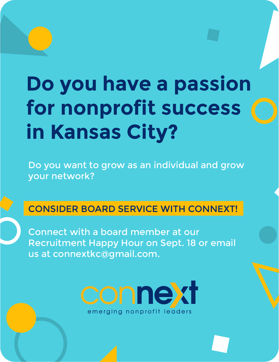 connextKC's tweet photo. Did you know that all Connext programming is planned by a volunteer Board of Directors? Young professionals working in the nonprofit sector, just like you! Consider board service with Connext! Email us: connextkc@gmail.com to start the conversation. https://t.co/Y8szgf16AE