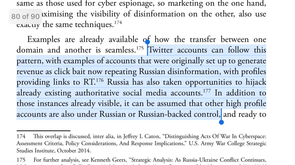 46/ BLURRED LINES: Electronic warfare is now and the future.Twitter is infested with Russian accounts and “it can be assumed that other high profile accounts are under Russian or Russian-backed control.” We remain in a cyberwar with no leadership against an enemy steps ahead.