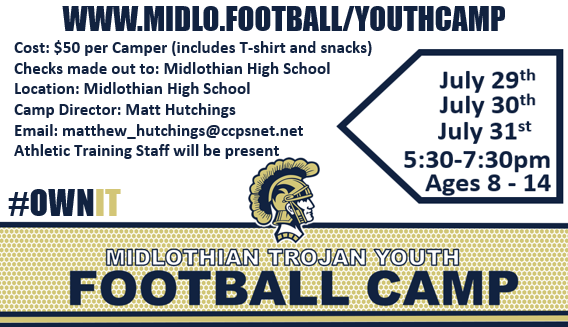 MidloTrojansFB's tweet photo. Next Monday night, we will be hosting our annual Youth Camp! Ages 8-14 from 5:30-7:30pm. Cost is only $50 Coaching from Midlothian coaches and current upperclassmen! Register at https://t.co/9oifgOpdx9  #Trojans #OwnIt https://t.co/9i5f6vd4DU