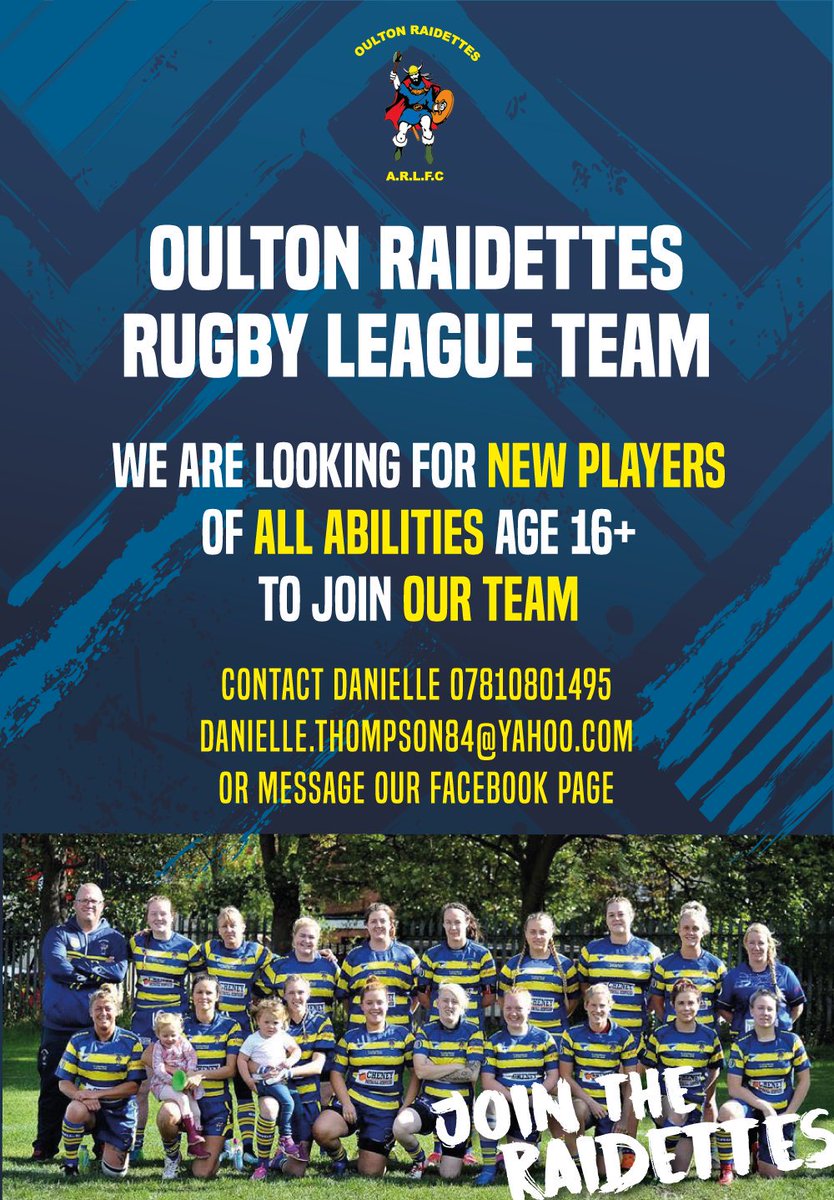 💙💛💙***Training tomorrow (Tuesday) 7-8pm and Fridays 6-7pm***💙💛💙 Following on from yesterday's announcement of our new interim coach Andy Williamson we are also on the look out for new players to join our team and aid the second half of the season 🏉 @OultonRaiders