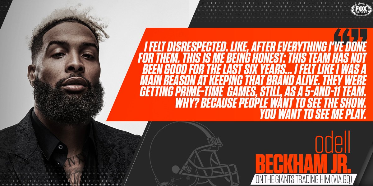 NFLonFOX's tweet photo. "I felt disrespected."

@OBJ got real with @GQMagazine about his departure from New York 👀 https://t.co/bB4T7AqUQy
