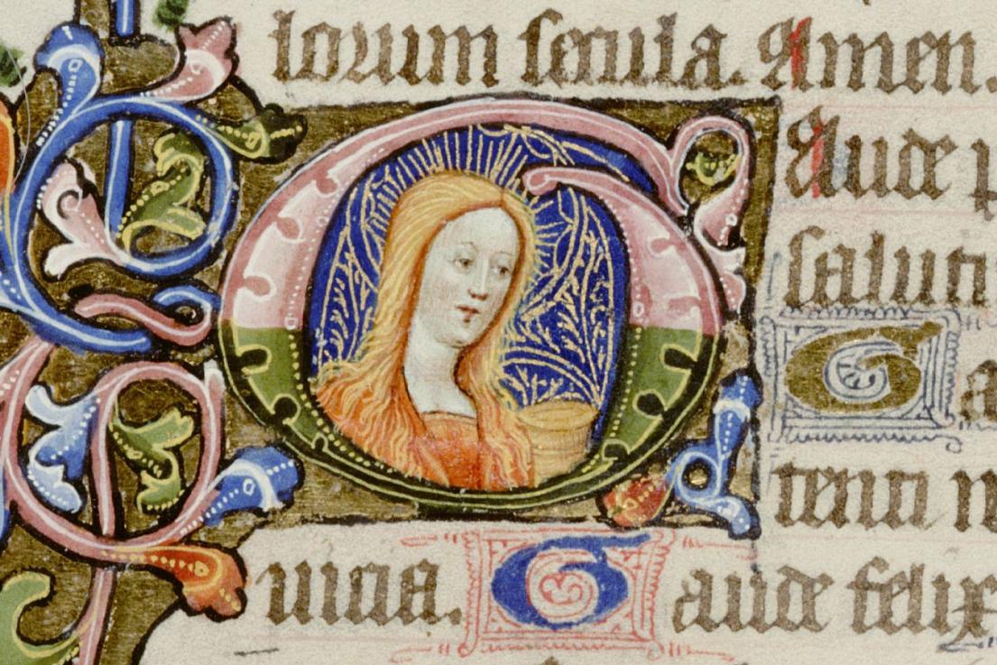 A radiantly lovely Mary Magdalene, with flowing golden hair, from a 15th-century Book of Hours ( http://www.bl.uk/manuscripts/FullDisplay.aspx?ref=Add_MS_50001 f.93v)