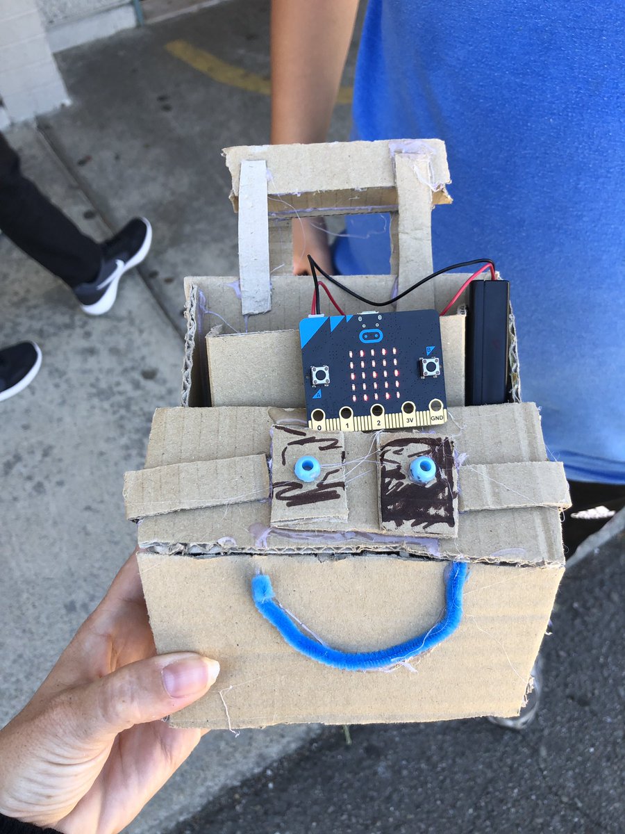 preemieparent's tweet photo. I had such an amazing time teaching Intro to Computer Science this summer. The kids made so many amazing things with their Micro:bit and cardboard. Here is a sunsceeen indicator and cash register. @MSMakeCode #makingisfun https://t.co/WAFjaveCmj
