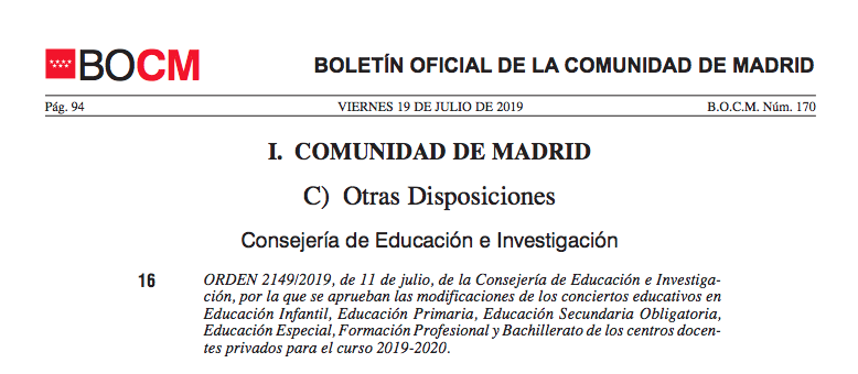 Orden 2149/2019, de 11/7, por la que se aprueban modificaciones de los conciertos educativos en Ed. Infantil, Primaria, ESO, Educación Especial, Formación Profesional y Bachillerato de centros docentes privados para el curso 2019-2020👉bit.ly/2OcNtM1 #FSIEMADRIDinforma