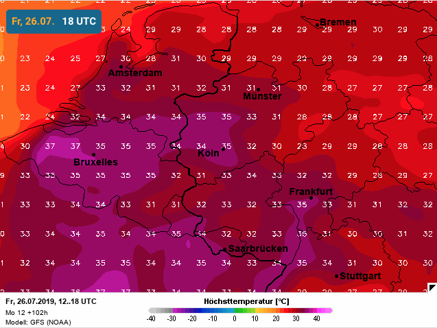 Goedenavond! De nieuwste #maxima voor de komende dagen zijn binnen. De zeldzame 40°C blijft staan voor #donderdag en er duikt momenteel geen verkoeling meer op voor #vrijdag. Dit is een vrij zeldzaam verschijnsel waarbij de #hittegolf langer kan aanhouden! 🌡️🌡️