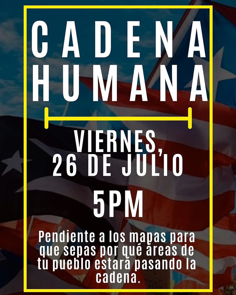 angelaabayron's tweet image. 🇵🇷💪Cadena Humana💪🇵🇷
¡Démosle la vuelta a PR agarrados de mano, en una protesta pacífica!
Todos juntos en su respectivos pueblos 

📅26 de julio
⏰5pm

NOS HACEN FALTA COORDINADRES POR PUEBLO/ZONAS, comuniquense!
@sanbenito @RickyMartin247 @Residente