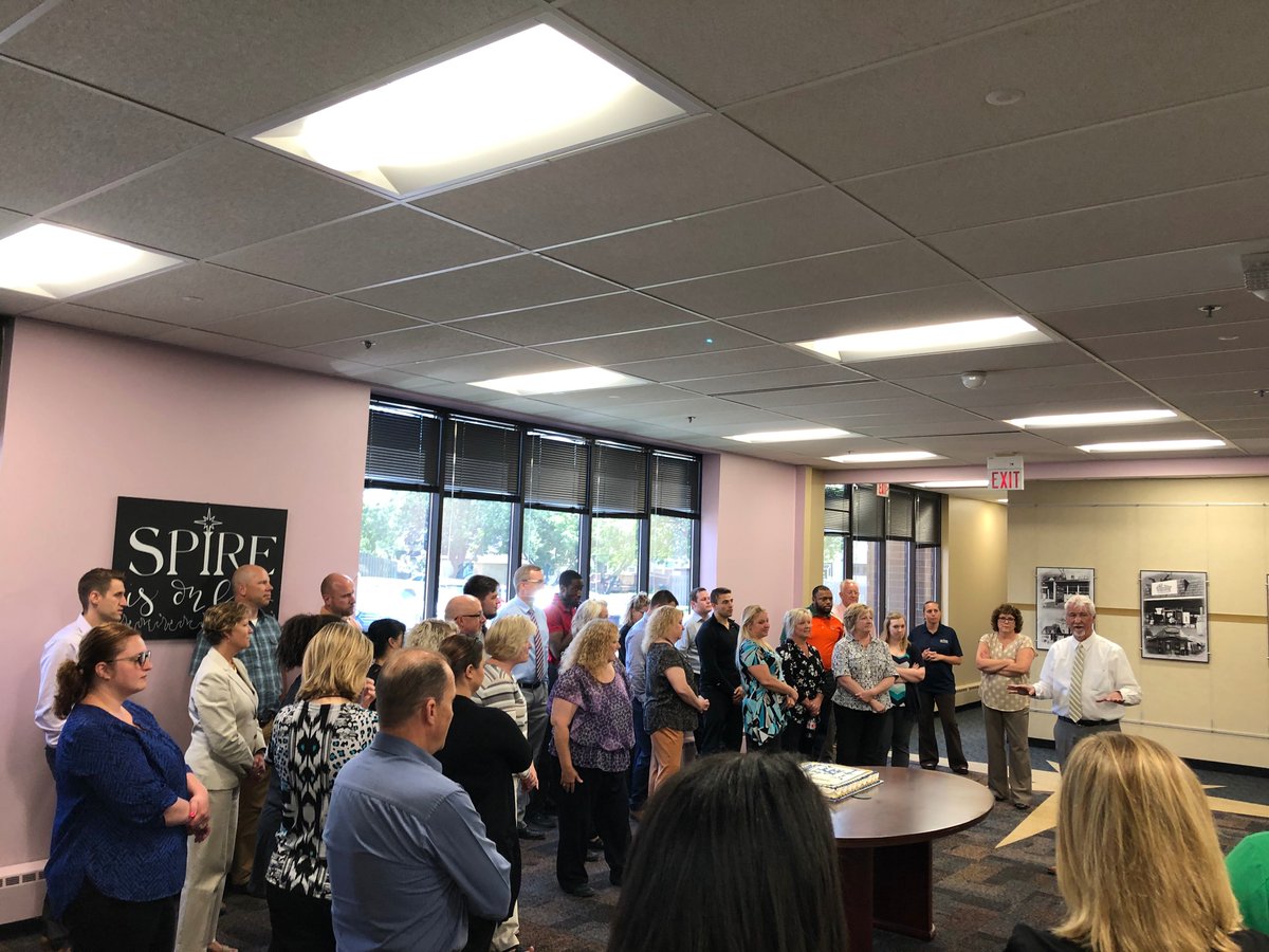 SPIREcu's tweet photo. Friday marks SPIRE President/CEO Dan Stoltz's 20th Anniversary with SPIRE. Today, we surprised him at our admin offices! Congratulations, Dan, on 20 years of improving lives! #Dan20 #howweroll https://t.co/pAMytQ4YnC