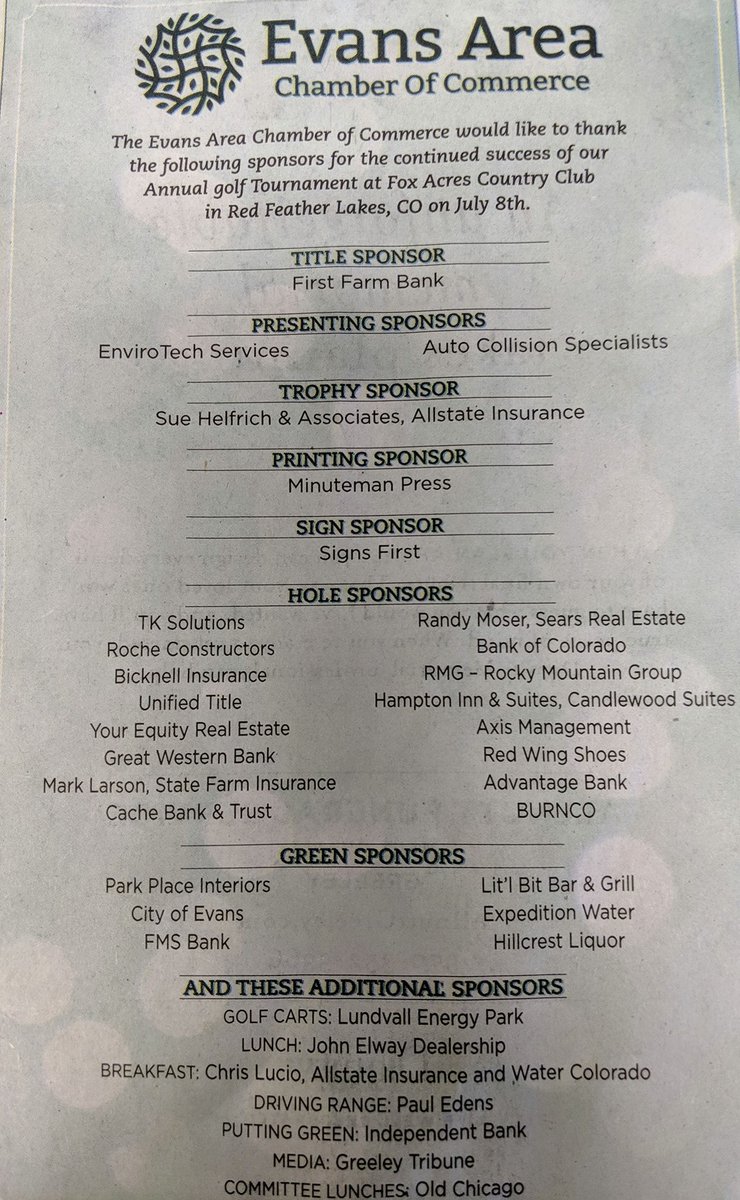 EvansChamber1's tweet photo. Thank you to all our Sponsors! We couldn't do our golf tournament without you all!!
#tahnkyou #golftournament #sponsors #fundraiser #success https://t.co/2C77vP8mFa
