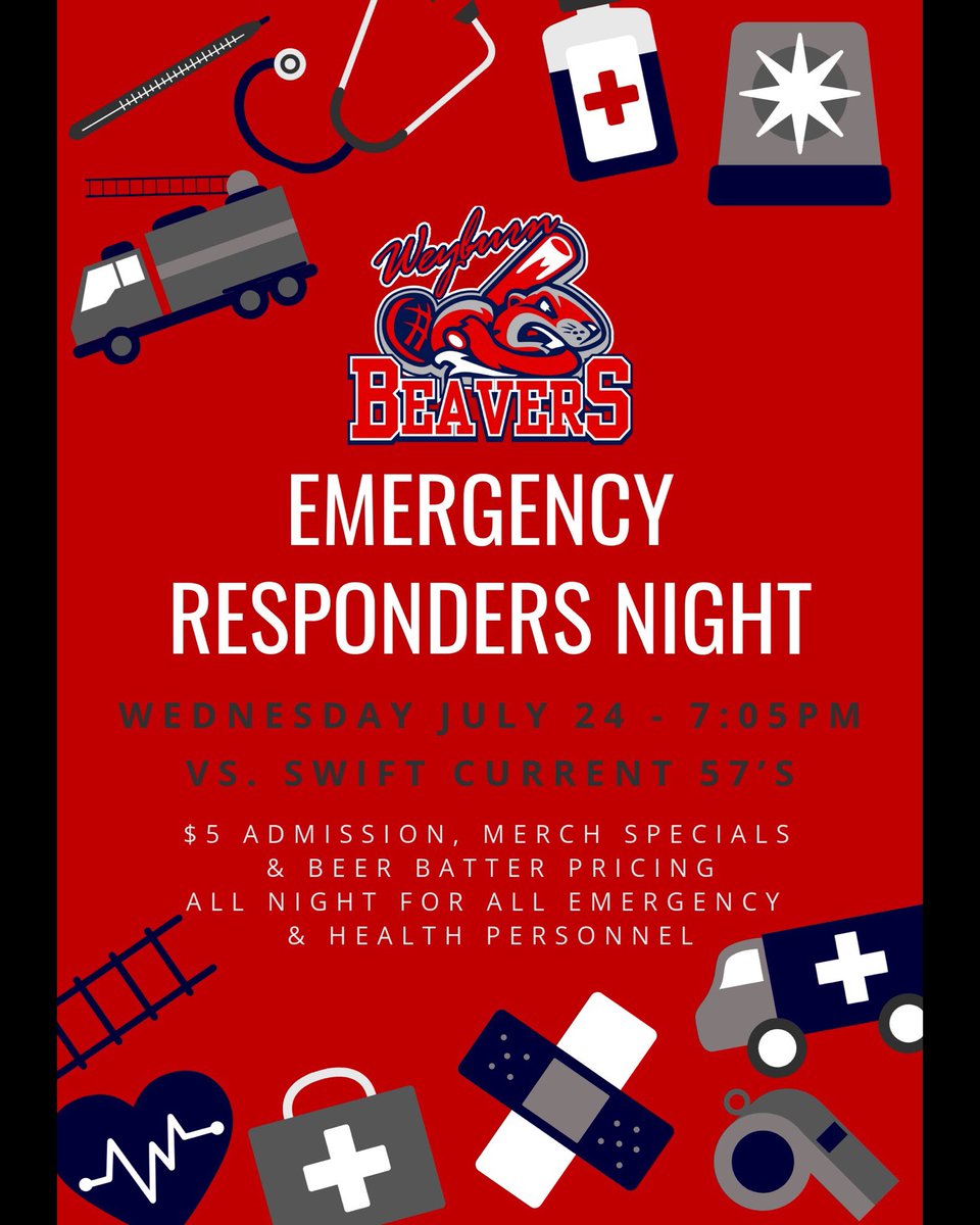 Wey_Beavers's tweet photo. 🚒🚑EMERGENCY RESPONDERS NIGHT🚨🚓
To show appreciation for all the hard work they do to make Weyburn a great place, our annual Emergency Responders night is Wed July 24! 
All emergency &amp; health personnel will receive $5 admission, 10% off merch &amp; beer batter pricing all night! https://t.co/AvTEbLv1Bb