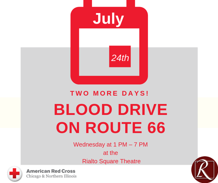 RedCrossIL's tweet photo. There’s still time to sign up to save lives! Donate blood 7/24 at the @rialtosquare. Join us and get a @ChicagoRedCross T-shirt or water bottle, a Rialto Square Theatre Show Presale Pass, while supplies last. https://t.co/XivVxwZ0NS https://t.co/SQDuERHKws