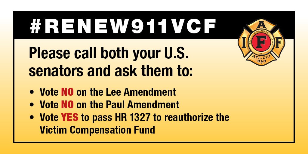 The Senate will vote on #Renew911VCF on Tuesday, July 23. The IAFF is urging lawmakers to reject the Lee and Paul amendments, which would delay relief for 9/11 responders and threaten passage of the underlying bill.