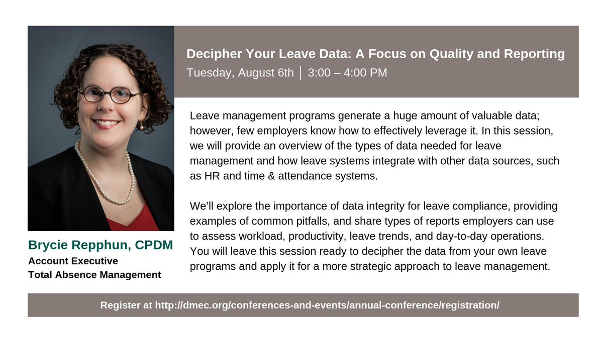 tpgrp's tweet image. Are you going to the #DMEC2019 Annual Conference? Here's a session with our Total Absence Management Account Executive Brycie Repphun, CPDM and Geoff Simpson from @presagia you won't want to miss! 📊 🤓

facebook.com/events/2379984…
