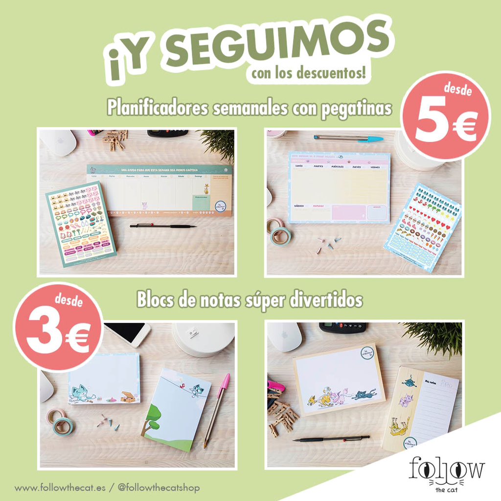 followthecatFTC's tweet photo. ¡Seguimos con las rebajas! Aprovecha la ocasión para tener a mano todo lo que necesitas para #organizarte tu #semana con #blocs y #planificadores súper bonitos. ¡Con precios increíbles! #followthecatFTC #FelizSemana #Barcelona #rebajas #gatos #regalos #tiendaonline #FelizLunes https://t.co/Grbu6lbiTN