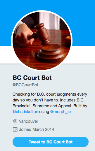 chadskelton's tweet photo. I've successfully moved my @BCCourtBot and @WarmerVancouver Twitter bots from (the soon-to-be-defunct) QuickCode to @morph_io! And I got rid of the gavel from @BCCourtBot as I understand B.C. judges get kind of persnickety about that kind of thing. https://t.co/YT6NW3LxXx https://t.co/Br5O2lcJvA