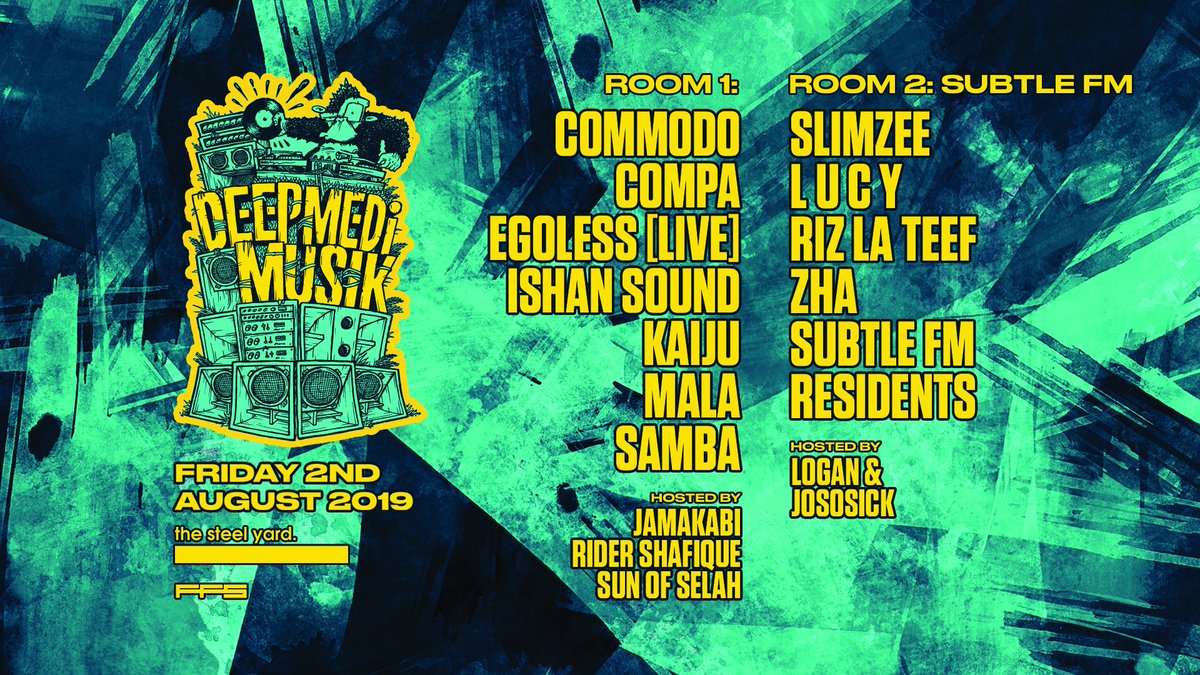 We're joining <a href="/deepmedimusik/">deepmedi</a> on the 2nd of August to host room 2.

Line Up
<a href="/dj_slimzee/">@dj_slimzee</a> 
@lucyproducti0n 
<a href="/RIZLATEEF111/">RIZ LA TEEF</a>
<a href="/zhamusic/">ZHA</a> 
Subtle FM residents (<a href="/bthoroughmusic/">B:Thorough</a>, <a href="/OfficialBuer/">Buer</a>, Dred, @Hiighlander_ , Kryo &amp; Rich Rose)
<a href="/logan_olm/">LOGAN</a> 
<a href="/JoSoSick/">JoSoSick</a> 

Tickets bit.ly/DeepMedi_Tix