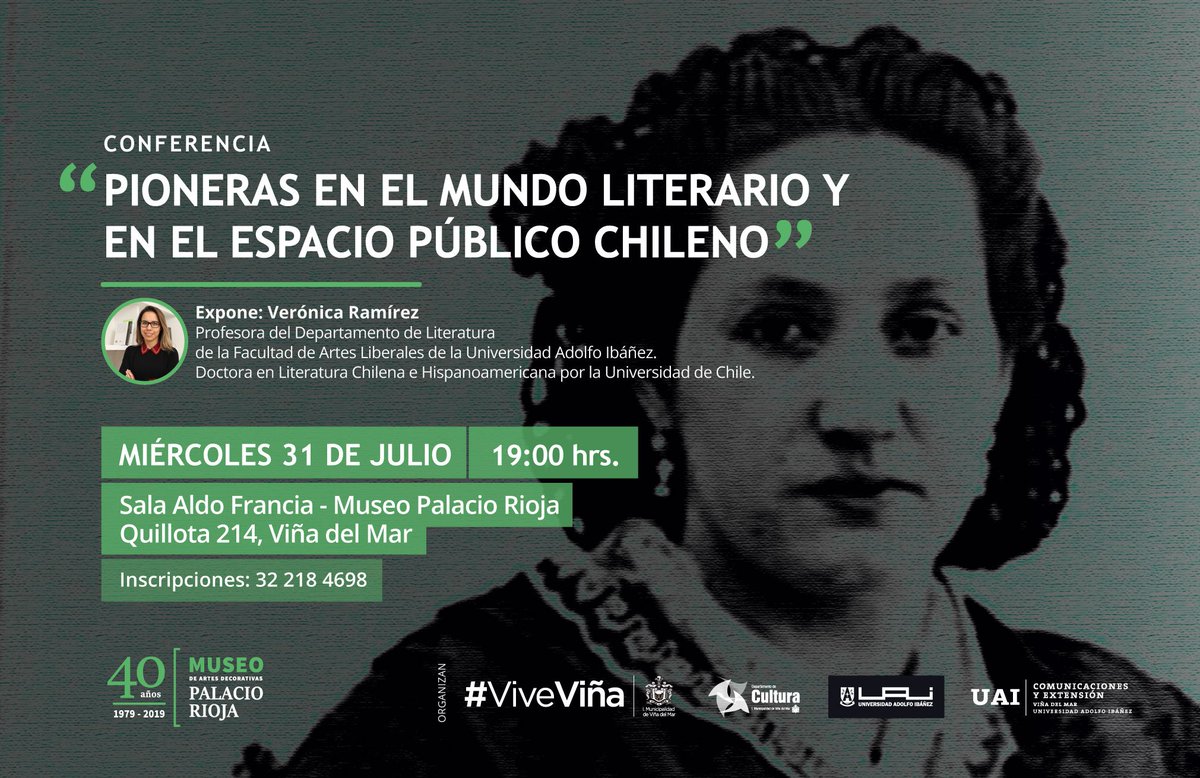 MUSEO PALACIO RIOJA (@palaciorioja) on Twitter photo El conversatorio "Pioneras en el mundo literario y en el espacio público chileno, realizará Verónica Ramírez, de la Universidad Adolfo Ibáñez. Entrada liberada.
@culturavina @culturavina @Patrimoniovina <a href="/UAI_VINA/">UAI - Viña del Mar</a> El conversatorio "Pioneras en el mundo literario y en el espacio público chileno, realizará Verónica Ramírez, de la Universidad Adolfo Ibáñez. Entrada liberada.
@culturavina @culturavina @Patrimoniovina <a href="/UAI_VINA/">UAI - Viña del Mar</a>