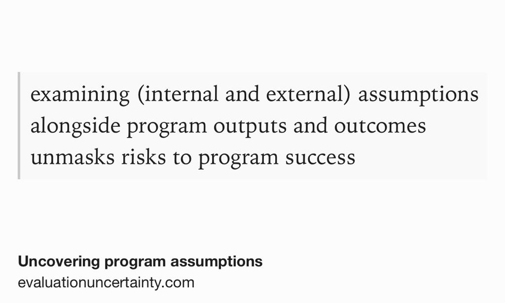 Uncovering program assumptions

evaluationuncertainty.com/2019/07/17/unc…

Though this is focused on program evaluation it gets at one of the primary (and under-emphasised) benefits of health impact assessment: identifying assumptions.