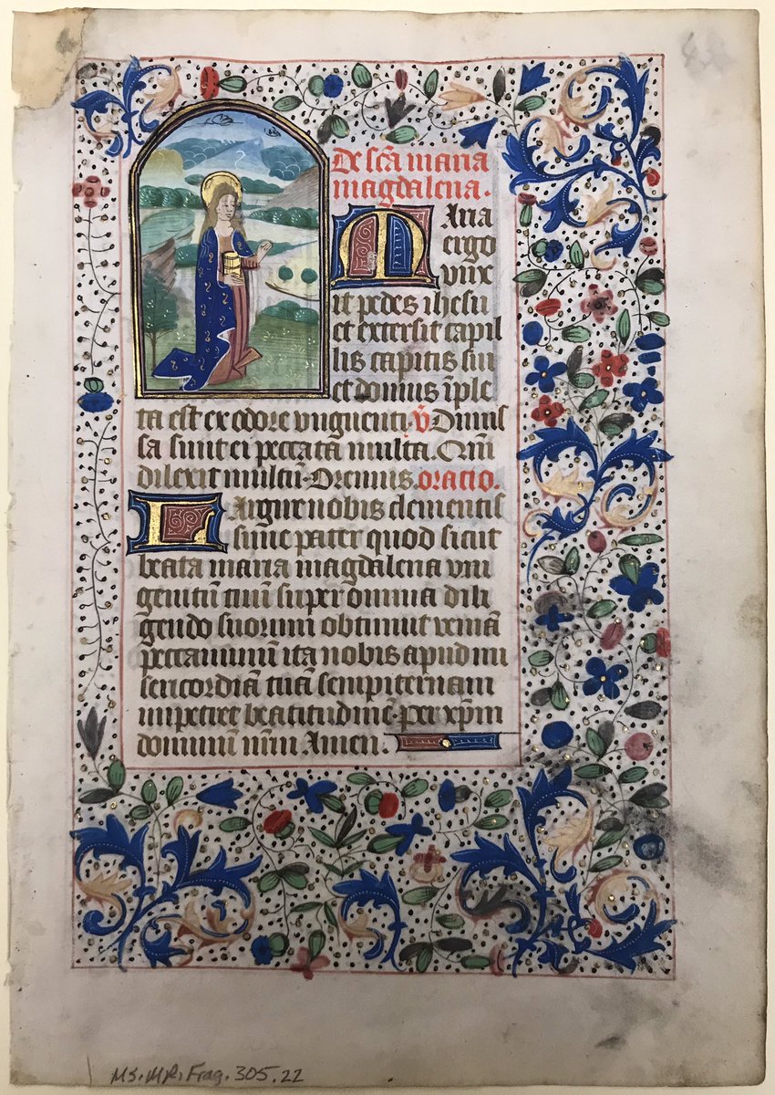 In honor of the feast day of Mary Magdalene, here’s an illuminated page from a Book of Hours produced in Bruges, ca. 1450-75, featuring her #osurbml MS.MR.Frag.305 #mssfragments @OSULibrary @HI_OhioState @OhioState