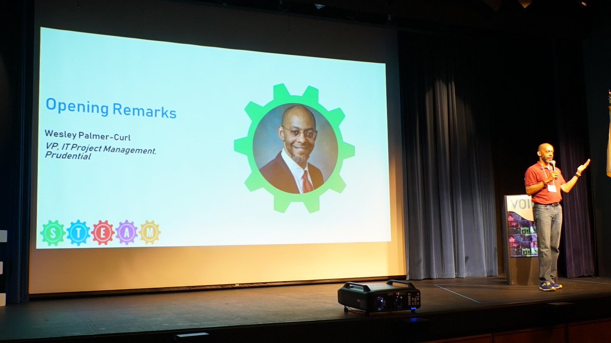 Prudential's tweet photo. Our very own Wesley Palmer-Curl kicked off today's @Prudential-hosted “STEAM Day” at #Voice2019, in our hometown of #Newark NJ, where hundreds of local middle/high school students are hearing from speakers &amp; rotating through interactive sessions to learn more about STEAM careers. https://t.co/7k0eiYTq3s