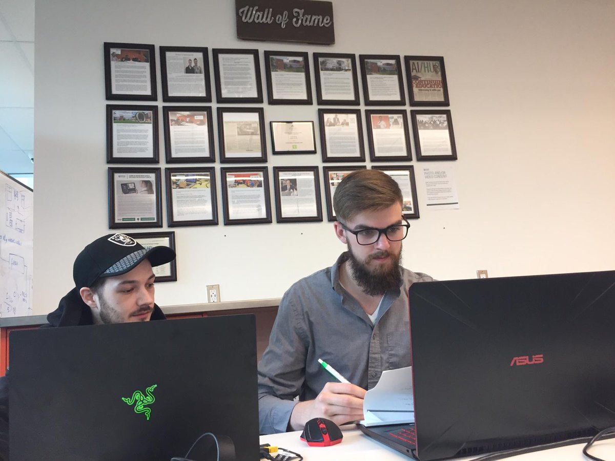 These gentlemen, Brayden and Travis, are currently working on a developing a #virtual assistant for the AI Hub using #NaturalLanguageProcessing. Cannot wait till this is up and running! #MondayMood