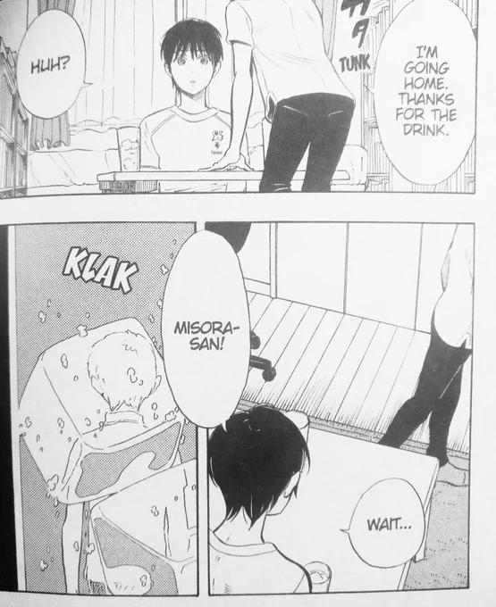 been thinking about this panel from our dreams at dusk / shimanami tasogare where a character's exit is shown through the ice in a glass sitting on the table to convey the feeling of sensing that someone is putting up a barrier and locking you out 