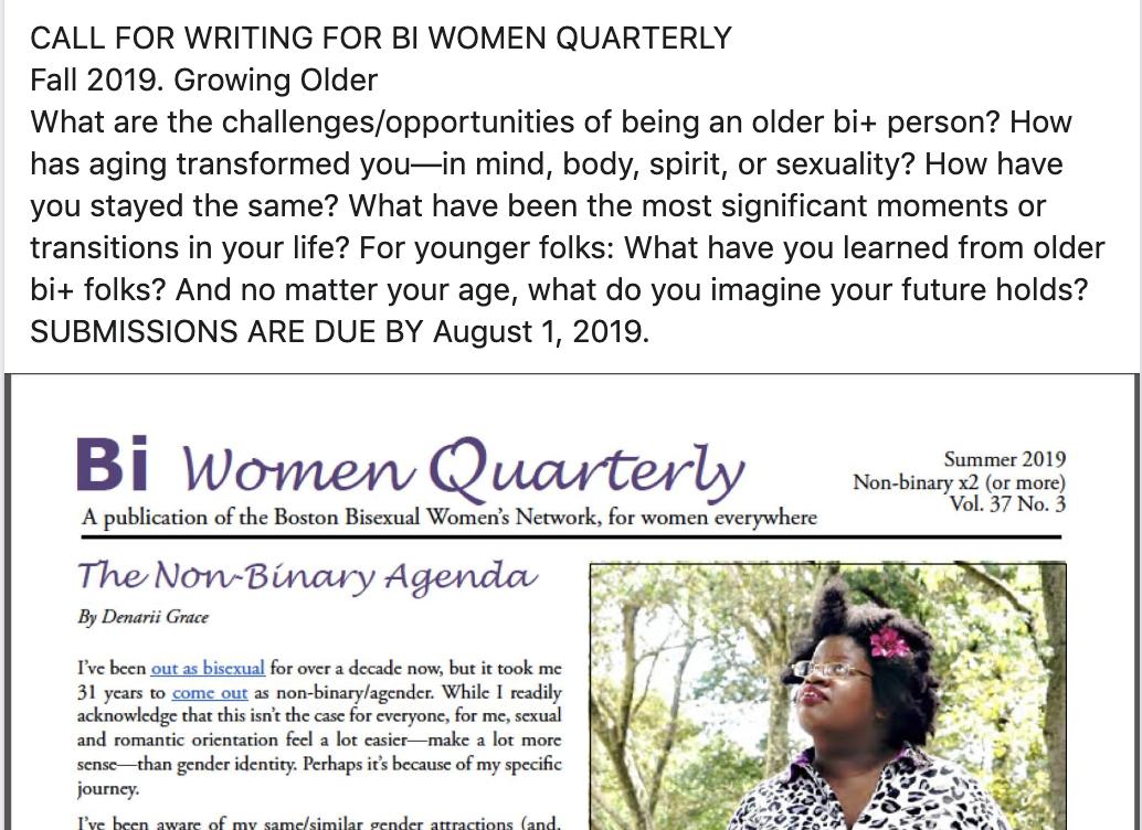 robynochs's tweet photo. CALL FOR WRITING FOR BI WOMEN QUARTERLY! 
SUBMISSIONS ARE DUE BY AUGUST 1st. 

@BiWomenQtly #bivisibility #bipride #biwomen #biculture #bisexual #callforwriting #bipoets #biartists https://t.co/YR8uLYDayu