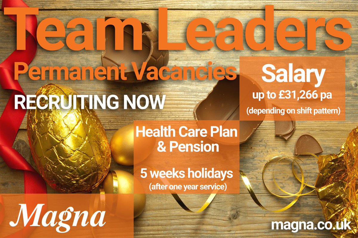 Recruiting permanent roles for: TEAM LEADER
Salary – up to £31,266 pa 
Health care plan &amp; pension
5 weeks holidays  
APPLY: recruitment@magna.co.uk 
#chocolate #Telford #Wolverhampton 
 #Jobs #Employment #permanent #vacancies #CV #Jobcentre #Findajob #Newjobs #Local