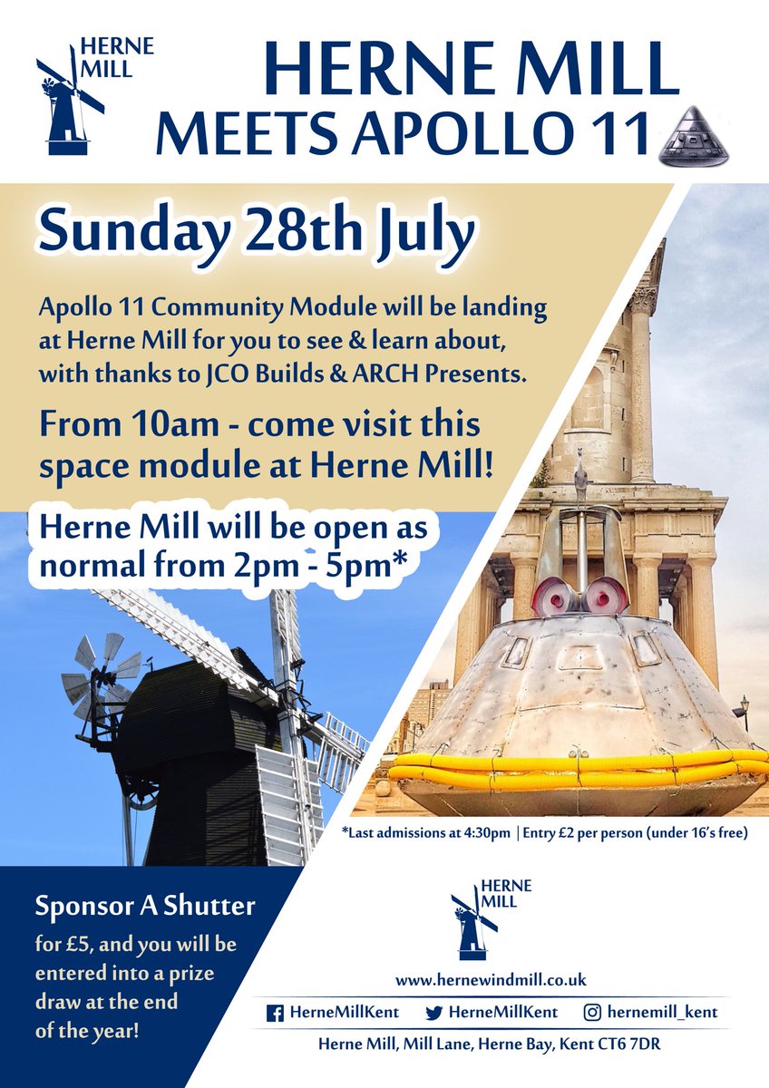 HerneMillKent's tweet photo. We have an exciting couple of weeks ahead!
First up, the #Apollo11 #CommunityModule will be landing at #HerneMill πΈ
With thanks to @ARCHPresentsCIC & @JCOBuilds this exciting project is making its way to various landing spots - and we are lucky enough to be one of them! #history https://t.co/zPt7kmXwAJ