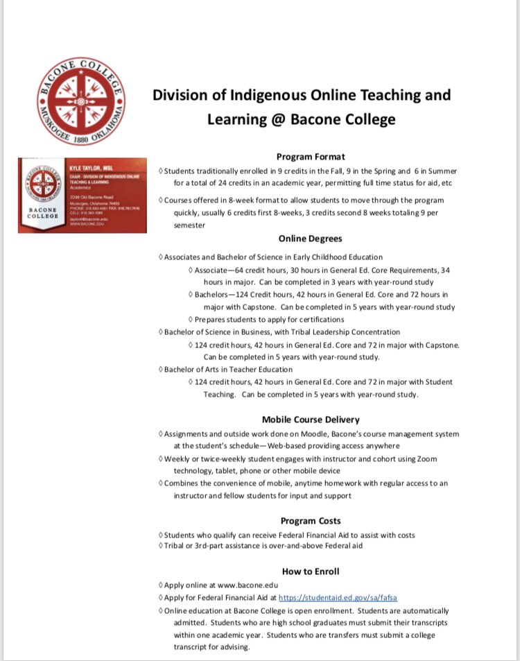 Rev_Kyle_Taylor's tweet photo. Enrolling now! Classes start August 14 @baconecollege @IndianCountry @abHomeMission @emmillerwrites @CATV47 @pawneeguy @BeadingKing @MuskogeePhoenix @MarciaLuann @tulsaworld @ChickasawNation https://t.co/aMUm8L3IBH