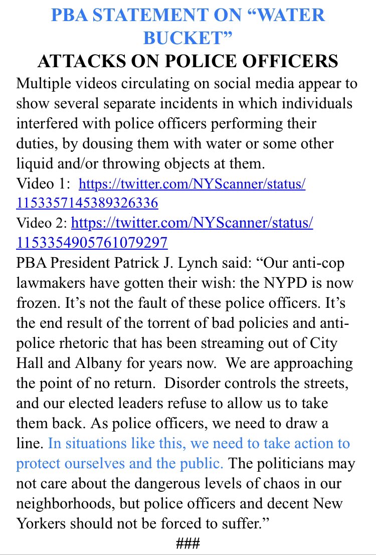 NYCPBA's tweet image. #BREAKING PBA Statement on “Water Bucket” Attacks on Police Officers