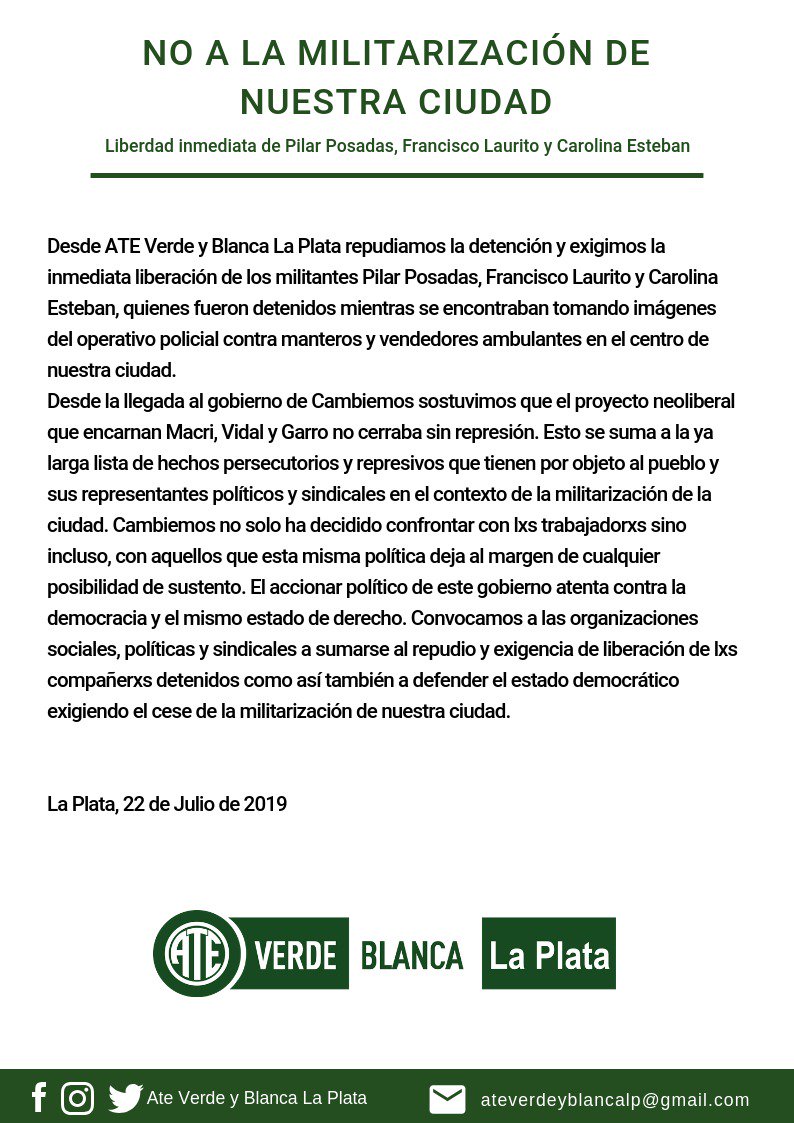 ATEVyBLaPlata's tweet photo. NO A LA MILITARIZACIÓN DE NUESTRA CIUDAD 
Libertad inmediata de Pilar Posadas, Francisco Laurito y Carolina Esteban
@ATEPBuenosAires @RubenSchap @DanielCatalano_ @ATECapitalOk @manucho38 @agustin_lp04 @ltass77 @RobiBaradel @SergioVidaguren https://t.co/9lTlJOGYqW