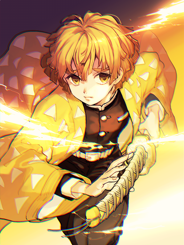 1boy weapon sword demon slayer uniform male focus solo blonde hair  illustration images