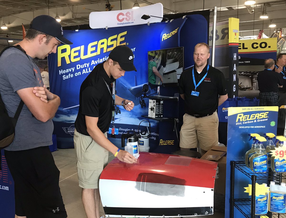 CSICommTrans's tweet image. #osh19 highlights today.  Our intern conducting a demo of Release and helping the CBP spruce up their chopper.  Lots of great testimonials from prior customers and customers field testing our sample wipes and returning to purchase Release Ultra and foamer.   #oshkosh #airventure