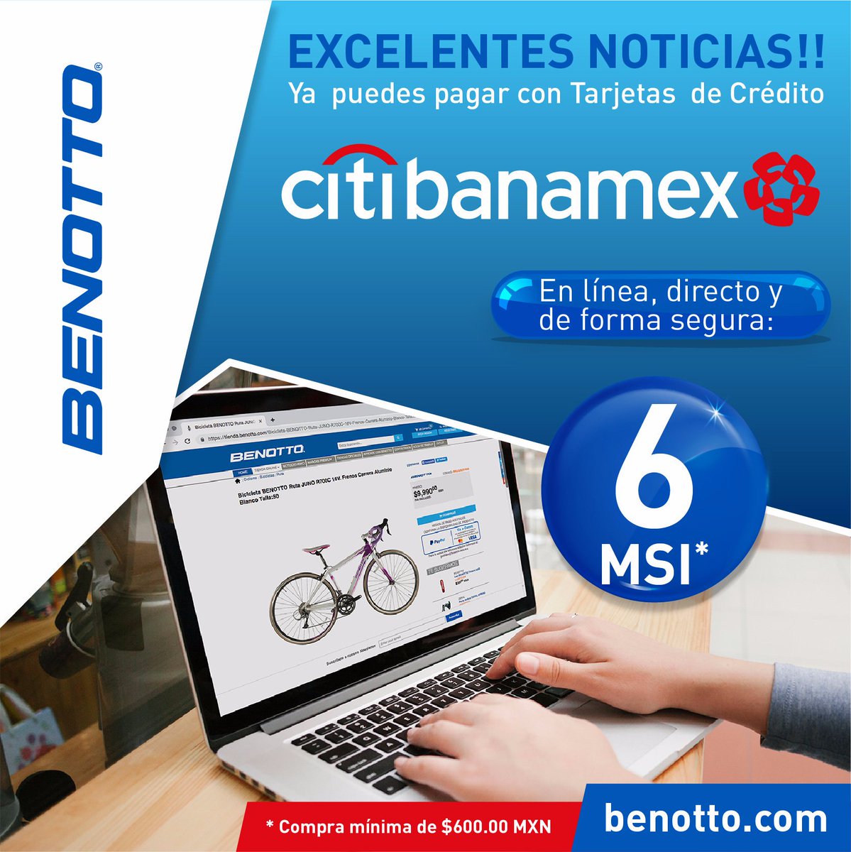bicisBENOTTOmx's tweet photo. ¡Excelentes noticias!
Ya puedes pagar tus compras a 6 meses sin intereses en https://t.co/jUXioj4Ufq con tu tarjeta Citibanamex en línea, directo y de forma segura. 
¡Aprovecha este beneficio!
#6MSI #Ciclismo #BicicletasBenotto #PagoAMesesSinIntereses #Citibanamex @Citibanamex https://t.co/D6VLcwfxBQ