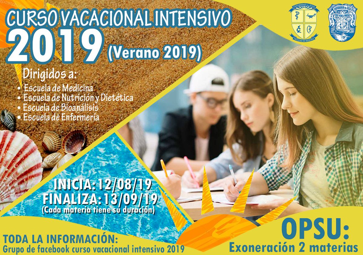 Estas a tiempo de inscribirte en el #CursoVacacionalIntensivo2019 dirigido a las cuatro escuelas de la #FacultadDeMedicina. 
¡Fecha de inicio 12 de Agosto 2019! 

#Verano2019 #CursoIntensivo #FmedLUZ #SomosLUZ #Salud