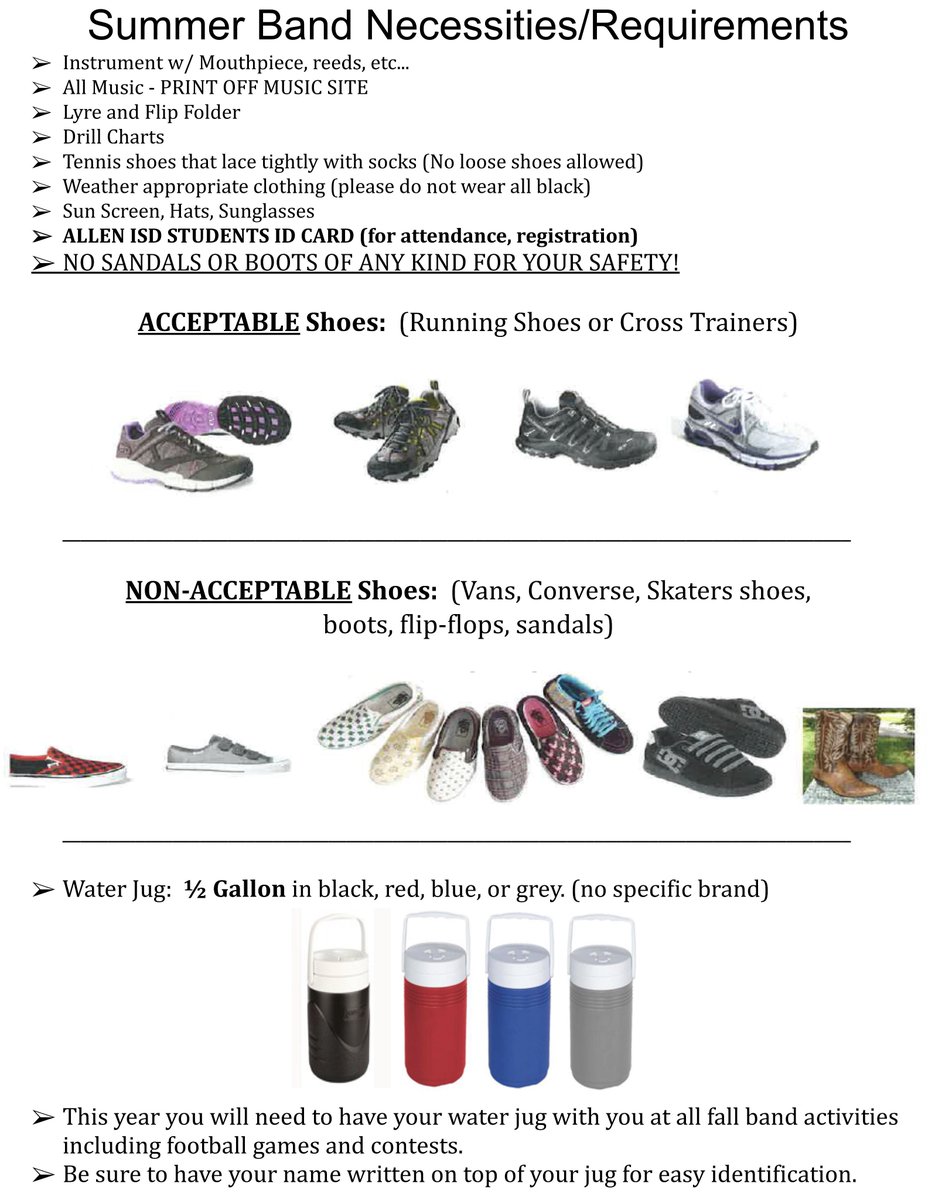 AllenBand's tweet photo. Are you ready for Summer Band??? Here's a list of all the required items you will need.  @AHSBandCouncil @allen_flutes @AllenClarinets @TrumptSection @trombones_ahs @AHSSaxSection https://t.co/xyBXeE46em