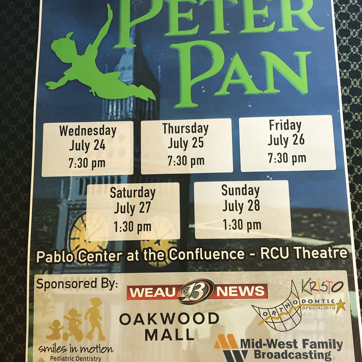TheatreECCT's tweet photo. Thank you to the sponsors of the final show of our 30th anniversary season-Kristo Orthodontics, MidWest Family Broadcasting, Oakwood Mall, Smiles in Motion, & WEAU 13 News. We open on Wednesday! Tickets @ https://t.co/pdaFVPiAN7 #ECCT30 #PeterPan #YouCanFly #IGottaCrow https://t.co/NLqjM9vGPi