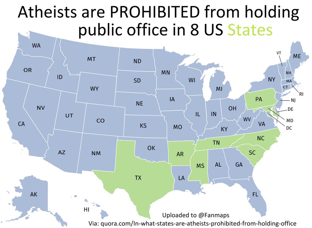 fan_maps's tweet photo. Atheists are PROHIBITED from Holding Office in those US States in Green

#map #world #country #population #cartography #geography #earth #globe #people #planet #history #economy #usa #america #religion #atheist #texas #jesus #christianism #job #work #trump #republican #democrat https://t.co/PemOV3idyx