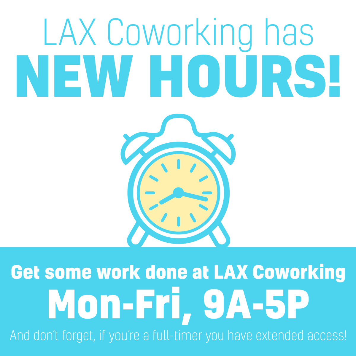 It's time for an #laxcoworking update! Our new office hours are 9a-5p. (And don't worry, if you're a full-time #coworker you still have extended access!)

See what we have to offer at laxcoworking.com

#coworking #coworkingspace #laxcoastal