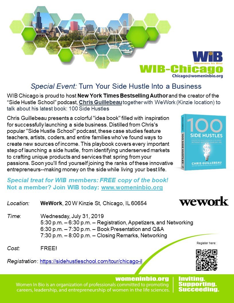 Special Event July 31st! "Turn Your Side Hustle Into a Business" #ChiWIB is proud to host #NYT Bestselling Author and the creator of the #sidehustleschool podcast @Chrisguillebeau with <a href="/WeWork/">WeWork</a> Kinzie to talk about #100sidehustles book 
register bit.ly/wibsidehustle