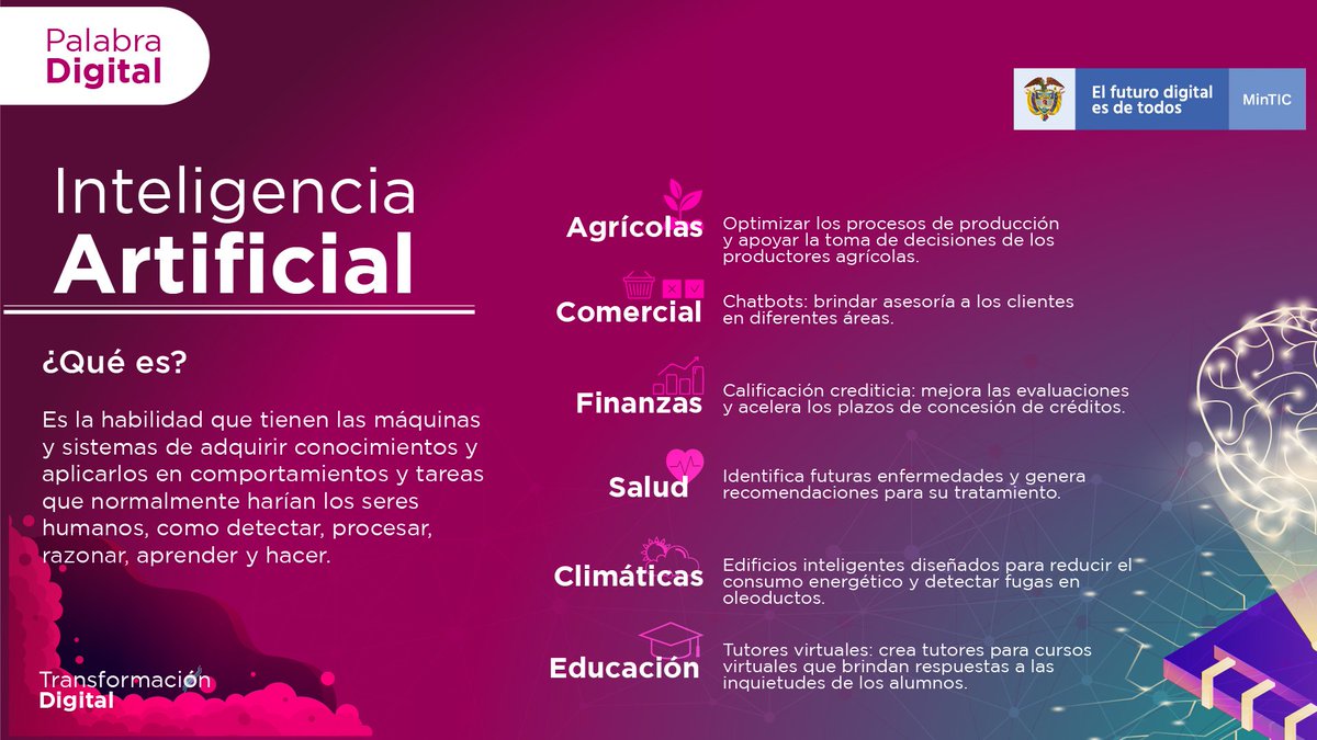 MujeresTIC_Co's tweet image. Conoce cómo se está implementando la #InteligeciaArtificial en los diferentes sectores #PalabraDigital⬇⬇