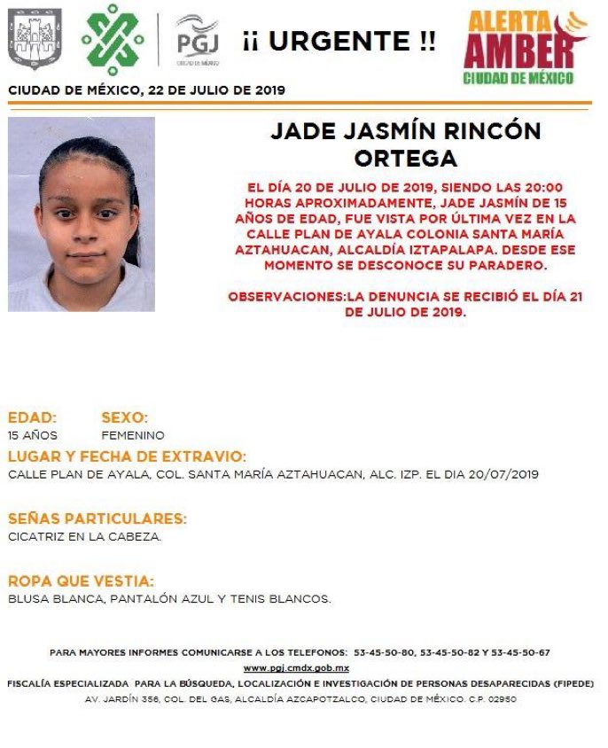 Vía @PGJDF_CDMX Jade Jasmín Rincón Ortega de 15 años  #Iztapalapa #CDMX