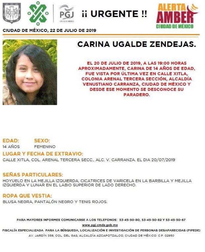 Vía @PGJDF_CDMX Carina Ugalde Zendejas de 14 años, #CDMX