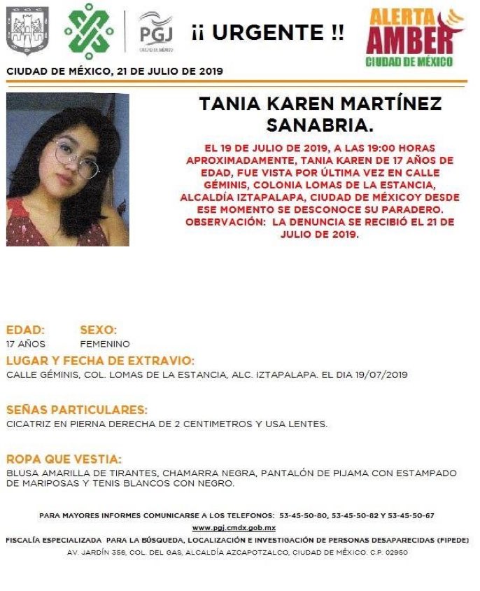 Vía @PGJDF_CDMX Tania Karen Martínez Sanabria, 17 años #Iztapalapa #CDMX