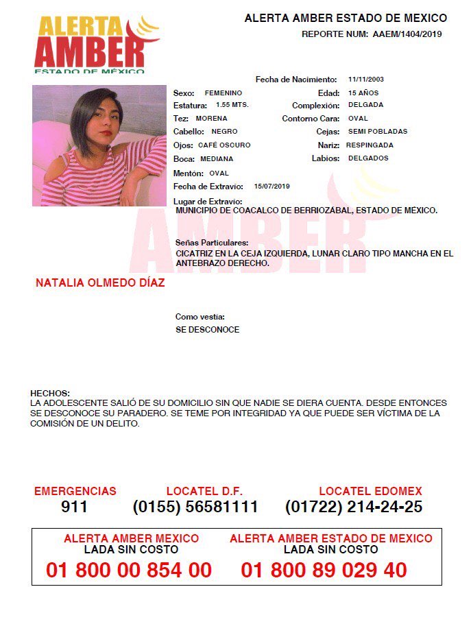 Vía <a href="/AmberEdomex/">Alerta Amber Edoméx</a> #TeBuscamos Natalia Olmedo Díaz, 15 años #EdoMex
