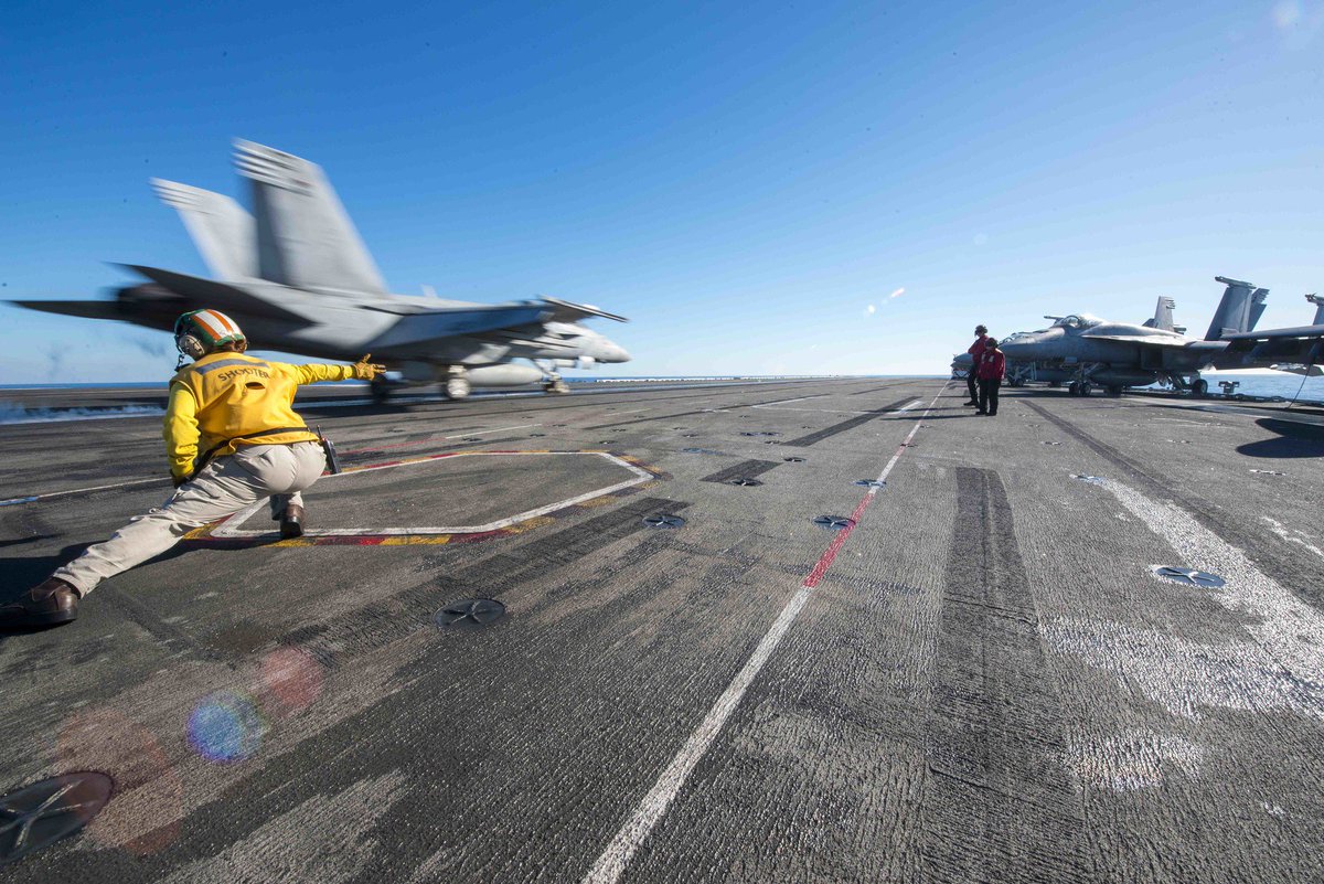 An F/A-18E Super Hornet screams off the flight deck of the @Gipper_76 during #TalismanSabre2019, a bilateral exercise demonstrating the strength of the Australian-U.S. Alliance. #Partnerships #FreeandOpenIndoPacific