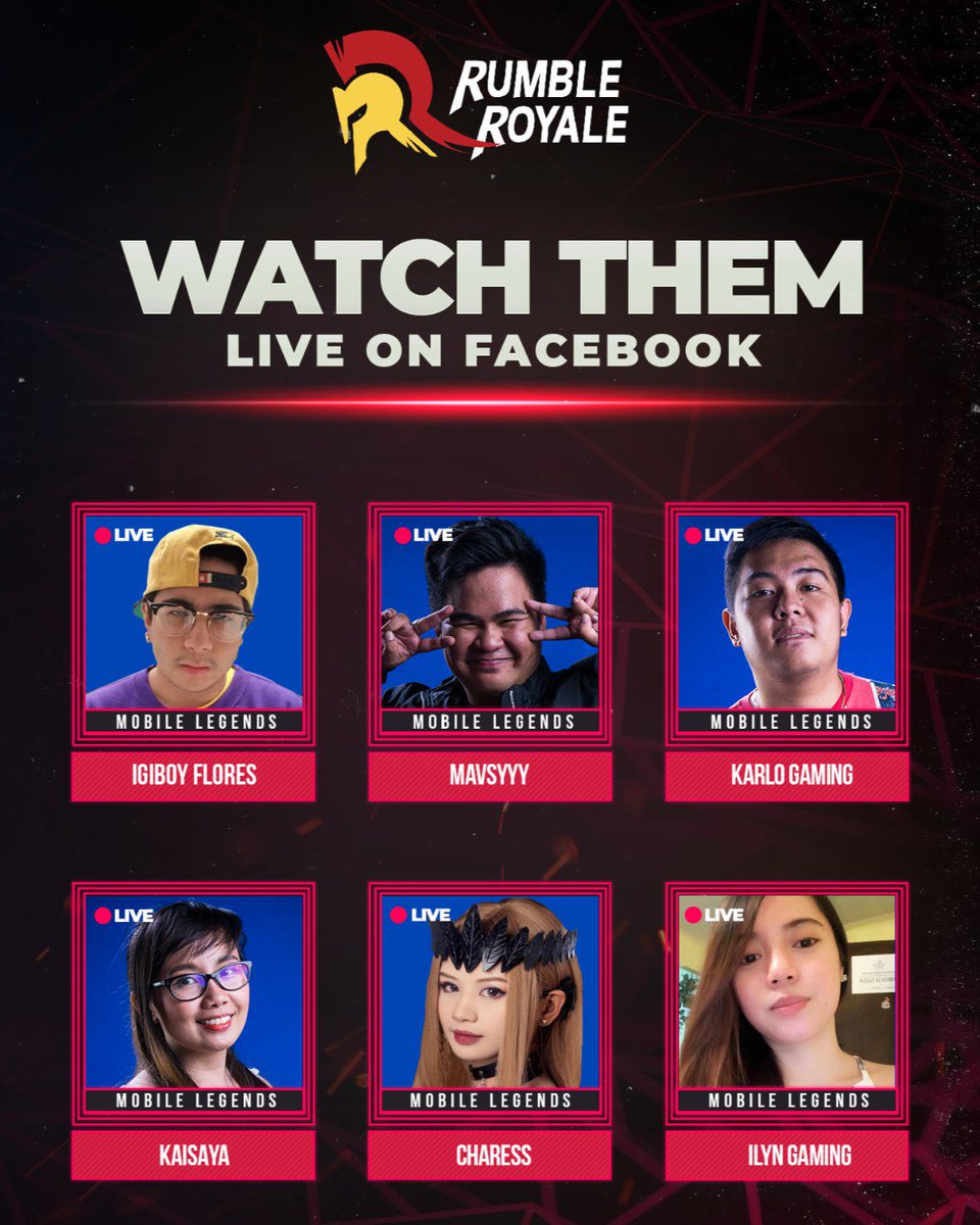 RumbleRoyalePH's tweet photo. Mobile games bring the heat regularly and these streamers will definitely show you how to play! 💯

❤ #IgiboyFlores
❤ #Mavsyyy
❤ #KarloGaming
❤ #Kaisaya
❤ #Charess
❤ #iLYNGaming

Malakas na mag #MLBB, #GWAPO at #MAGAGANDA pa! 🤩😍

#Streamers #MobileLegends #fbgg https://t.co/OqAt5wr0Rz